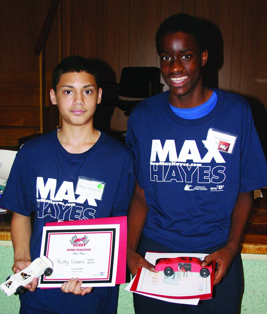 PHOTO BY DEBBIE SADLON Thursday, June 26, 2014, Max Hayes Career and Technical High School Take it to the MAX! Summer Camp 2014 Pinewood Derby Championship, 4600 Detroit Avenue: (L-R): Winner of the fastest car competition Ricky Vinson III and winner of the distance competition Shaqwon Badley. 
