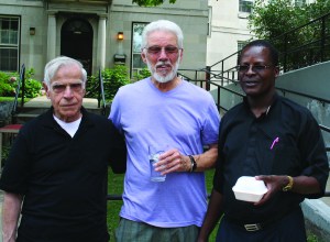 PHOTO BY CHUCK HOVEN Sunday, August 31, 2014; St. Colman Church Picnic and Retirement Party for St. Colman Pastor, Rev. Bob Begin: (L-R) St. Patrick’s Church Pastor Rev. Mark DiNardo, Rev. Bob Begin, and the new pastor at St. Colman, Rev. Caroli Shao, Apostles of Jesus. Begin says he plans a month long trip to France to work on improving his ability to speak French. Upon his return he plans to work with Catholic Refugee Services serving newly arrived refugees from the Congo. Begin says the Congo is the second largest French-speaking nation in the world. 