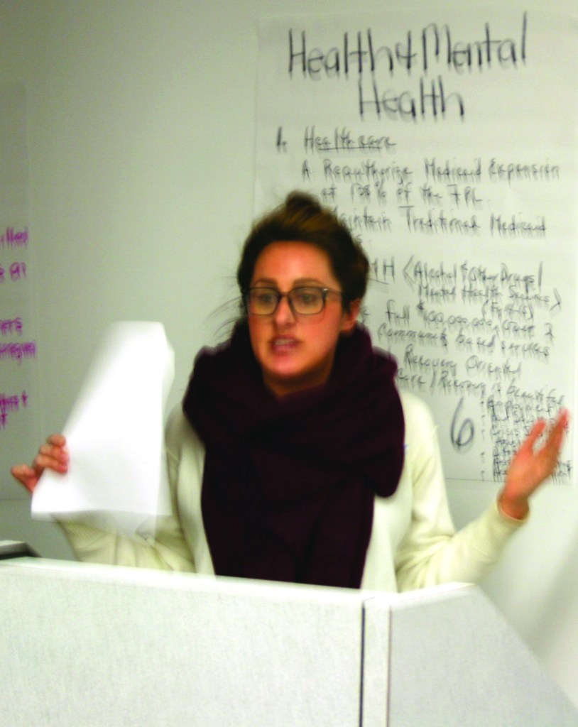 PHOTO BY CHUCK HOVEN Saturday, November 15, 2014; 2015 Northern Ohioans for Budget Legislation Equality (NOBLE) 2015 Platform Gathering, 3631 Perkins Avenue: Katie Boland, External Affairs Specialist for the Alcohol, Drug Addiction and Mental Health Services (ADAMHS) Board of Cuyahoga County and a NOBLE member, presents NOBLE’s platform recommendations on Health Care and Mental Health. 