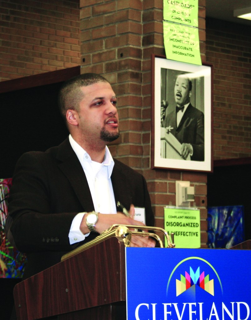 PHOTO BY CHUCK HOVEN Saturday, April 18, 2015; Community Forum on Police Accountability, Surveillance and Civil Rights presented by Greater Cleveland Civil and Human Rights Coalition and community partners, Martin Luther King Jr. Library, 1962 Stokes Blvd: Will Tarter, the founder and past president of the Cleveland Young Professional Senate, says the body worn cameras will be a win-win situation only if deployed within a framework that protects civil liberties and civil rights while having transparency. 