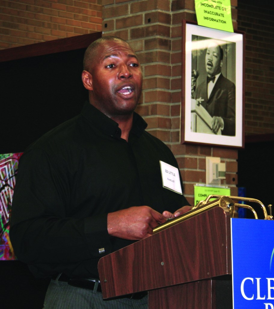 PHOTO BY CHUCK HOVEN Saturday, April 18, 2015; Community Forum on Police Accountability, Surveillance and Civil Rights presented by Greater Cleveland Civil and Human Rights Coalition and community partners, Martin Luther King Jr. Library, 1962 Stokes Blvd: A member of the panel on Body-Worn Police Cameras, Ed Little, an advocate for criminal justice reforms, says the body worn cameras raise more questions than answers. 