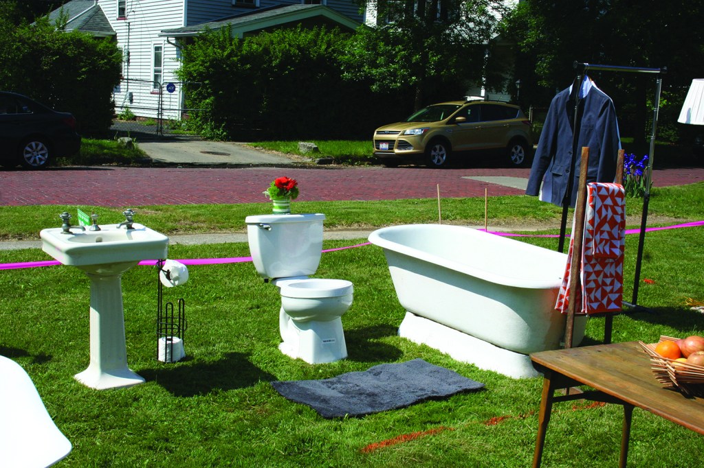 PHOTO BY DEBBIE SADLON Thursday, May 28, 2015; W. 58th Street and Pear Avenue: A display of the possible layout of the interior of the proposed 557 square foot Tiny House shows placement of fixtures in the bathroom. 
