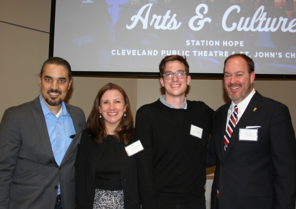 PHOTO BY CHUCK HOVEN Tuesday, March 22, 2016, Ohio City Incorporated (OCI) Annual Meeting, Urban Community School, 4909 Lorain Avenue: (L-R): Cleveland Public Theatre Executive Artistic Director Raymond Bobgan, OCI Board President Erika McLaughlin, St. John Episcopal Church ‘s Station Hope Project Director Timothy Holcomb, and OCI Executive Director Tom McNair. Cleveland Public Theatre and St. John’s Episcopal Church were awarded the Arts and Culture Award for the Station Hope celebration. 